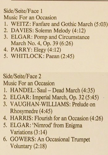 V.A.Music for an Occasion: Elgar,Handel, Vaughan-Williams..Foc, CBS Masterworks (76 790), NL, 1978 Typ: LP Best.-Nr.: K1481 Preis: 6,00 Euro.