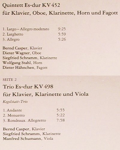 Mozart,Wolfgang Amadeus: Quintett es dur KV 452,Trio KV 498, Eterna (7 29 186), DDR, 1989 Typ: LP Best.-Nr.: K1525 Preis: 6,00 Euro.