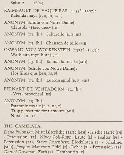 V.A.Harfenmusik des Mittelalters: Elena Polonska,Harfe. The Camerata, FSM (FSM 53 016), D,mint&sol;vg+ Typ: LP Best.-Nr.: K1663 Preis: 12,50 Euro.