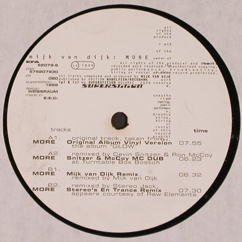 Van Dijk,Mijk: More*4, Superstition (2079), EEC, co, 1997 Typ: 12" Best.-Nr.: V5285 Preis: 7,50 Euro