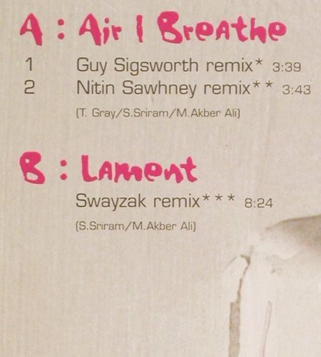 Badmarsh & Shri: Air I Breathe*2 / Lament (8:24), Outcaste (OUT 12X), UK, 1998 Typ: 12" Best.-Nr.: V5436 Preis: 5,00 Euro