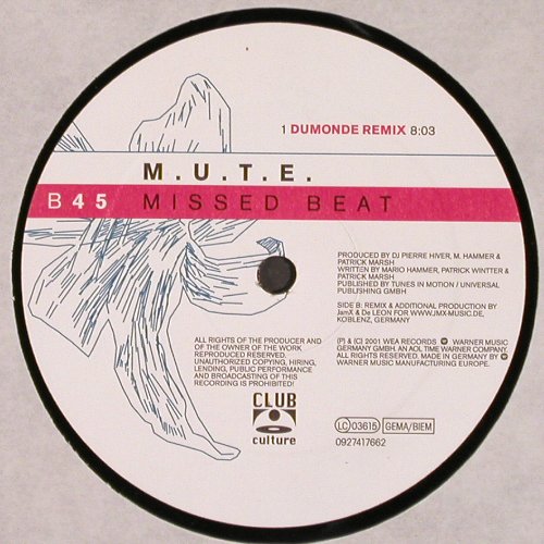 M.U.T.E.: Missed Beat*3, Club Culture (0927-42786-0), D, 2001 Typ: 12" Best.-Nr.: V6368 Preis: 7,50 Euro.