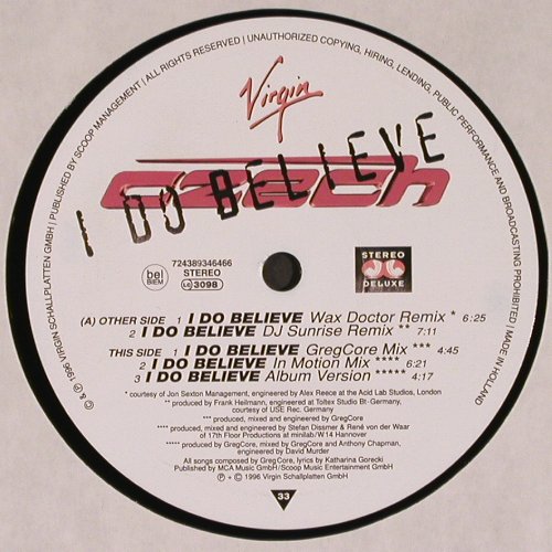 Czech: I Do Belive *5 , 33rpm, Virgin (8 93464 6), NL, 1996 Typ: 12" Best.-Nr.: V6457 Preis: 5,00 Euro
