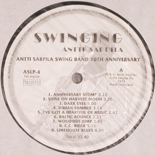 Sarpila,Antti Swing Band: Swinging, 10th Anniv., AS (ASLP-4), SF, 1992 Typ: LP Best.-Nr.: V4326 Preis: 9,00 Euro