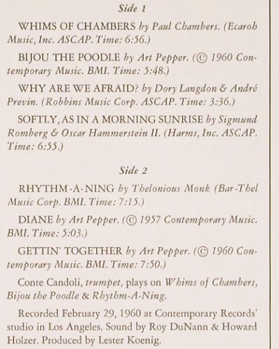 Pepper,Art: Gettin' Together ! (1960), Contemporary (OJC-169), US Typ: LP Best.-Nr.: V4784 Preis: 30,00 Euro