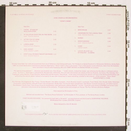 Krupa,Gene & his Orch.: Gene's Band, Live Perf., rec.1949, First Heart No.1960/3000 (FH-26), UK, m-/vg+, 1979 Typ: LP Best.-Nr.: V4867 Preis: 9,00 Euro
