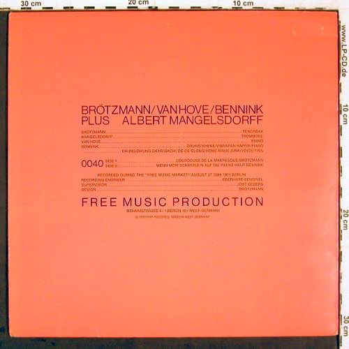 Br&ouml;tzmann &sol; van Hove &sol; Bennink: Couscouss de la Maures One, FMP-Records (FMP 0040), D, 1971 Typ: LP Best.-Nr.: V6806 Preis: 60,00 Euro.