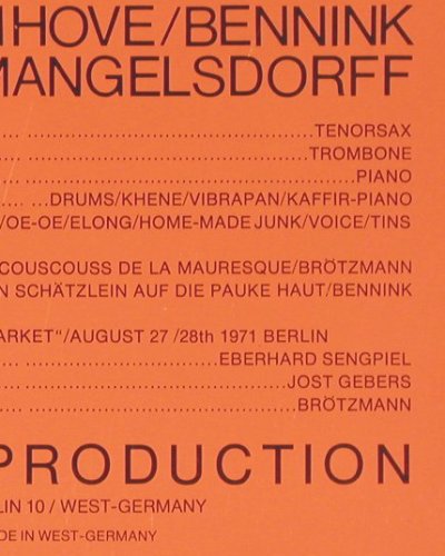 Br&ouml;tzmann &sol; van Hove &sol; Bennink: Couscouss de la Maures One, FMP-Records (FMP 0040), D, 1971 Typ: LP Best.-Nr.: V6806 Preis: 60,00 Euro.