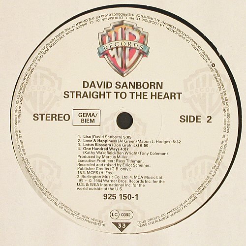 Sanborn,David: Straight To The Heart, WB(925 150-1), D, 1984 - LP - V7207 - 7,50 Euro