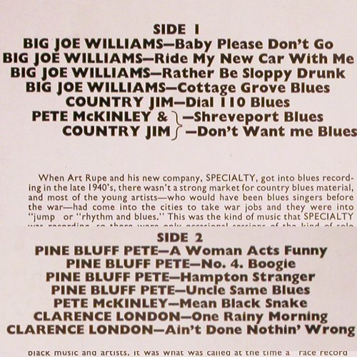 V.A.Country Blues: Big Joe Williams...Cl.London(49-50), Specialty Records (SNFT 5014), UK, m-&sol;vg+, 1973 Typ: LP Best.-Nr.: V6700 Preis: 7,50 Euro.