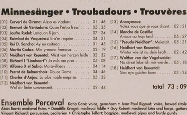 Ensemble Perceval: Minnes&auml;nger&sol;Troubadours&sol;Trouveres, ArteNova, EU, 1998 Typ: CD Best.-Nr.: 84258 Preis: 11,50 Euro.