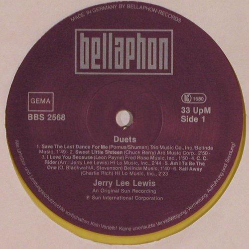 Lewis,Jerry Lee & Friends: Duets,Yellow Vinyl (feat.Elvis ?), Bellaphon (BBS 2568), D, 1978 Typ: LP Best.-Nr.: V3089 Preis: 9,00 Euro