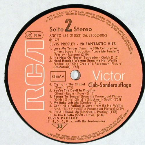 Presley,Elvis: 20 Fantastic Hits, RCA Club Sonderauflage (63 070), D, 1975 Typ: LP Best.-Nr.: V7558 Preis: 9,00 Euro.