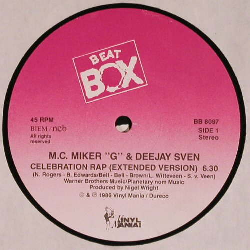 M.C.Miker'G' & Deejay Sven: Celebration Rap(6:30) *3+1, Beat Box (BB 8097), S, 1986 Typ: 12" Best.-Nr.: V4277 Preis: 6,00 Euro