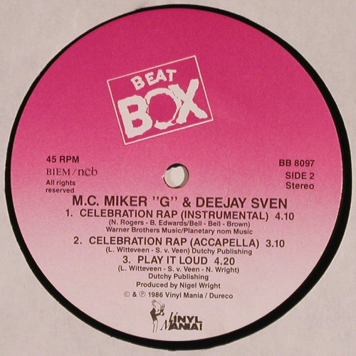 M.C.Miker'G' & Deejay Sven: Celebration Rap(6:30) *3+1, Beat Box (BB 8097), S, 1986 Typ: 12" Best.-Nr.: V4277 Preis: 6,00 Euro