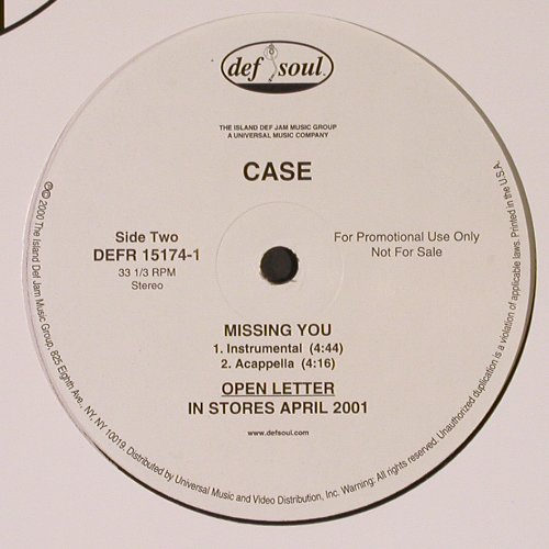 Case: Missing You*4, Def Soul, FLC (DEFR 15174-1), US, Promo, 2000 Typ: 12" Best.-Nr.: V6243 Preis: 5,00 Euro