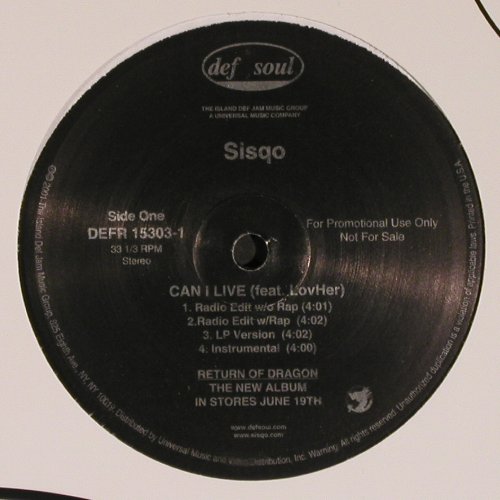 Sisqo: Can I Live*4 / Last Night *3, Def Soul (DEFR 15303-1), US, Promo, 2001 Typ: 12" Best.-Nr.: V6244 Preis: 5,00 Euro