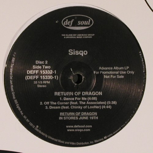 Sisqo: Return Of The Dragon, Def Soul, FLC (DDFF 15331-1), US,Promo, 2001 Typ: 12"*2 Best.-Nr.: V6246 Preis: 7,50 Euro