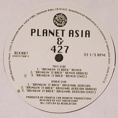 Planet Asia & 427: Bringin' It Back*6, Blackberry Records (BLK007), US, 1999 Typ: 12" Best.-Nr.: V6879 Preis: 9,00 Euro.