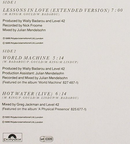Level 42: Lessons In Love, ext.vers. 7:00  +2, Polydor(883 956-1), D, 1986 - 12inch - V7025 - 4,00 Euro