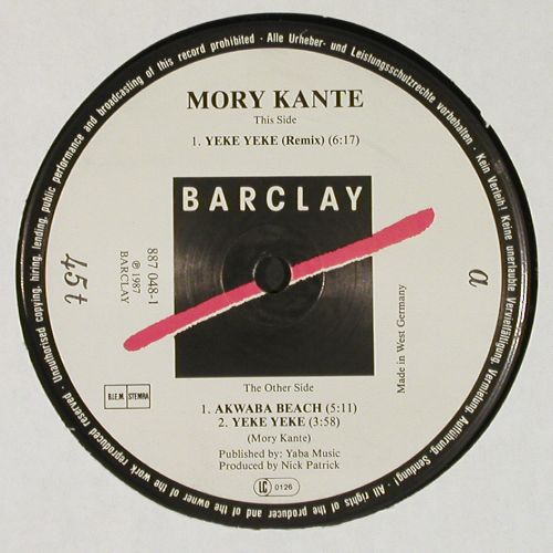 Kante,Mory: Yeke Yeke*2+1 (remix(6:17)&sol;single), Barclay (887 048-1), D, 1987 Typ: 12" Best.-Nr.: V7624 Preis: 4,00 Euro.