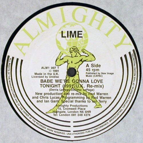 Lime: Babe,we're gonna love tonite,re-mix, Almighty (ALMY 007T), UK,m-&sol;vg+, 1991 Typ: 12" Best.-Nr.: V7832 Preis: 4,00 Euro.