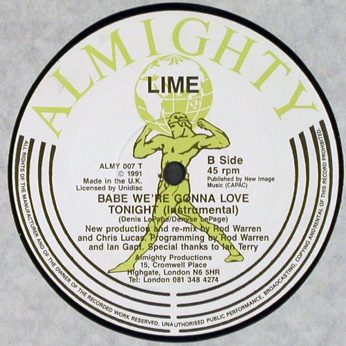 Lime: Babe,we're gonna love tonite,re-mix, Almighty (ALMY 007T), UK,m-&sol;vg+, 1991 Typ: 12" Best.-Nr.: V7832 Preis: 4,00 Euro.