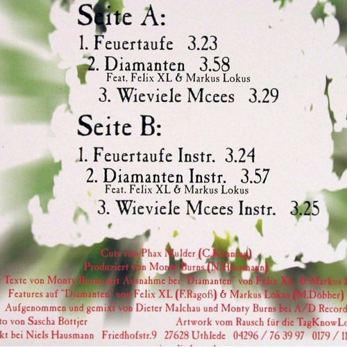 Monty Burns: Feuertaufe, 6Tr. EP (HipHop), Soundclash Recordz (084.054), EU, 2001 Typ: 12" Best.-Nr.: Y56 Preis: 5,00 Euro.