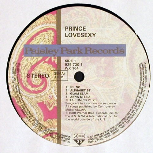 Prince: Lovesexy, WB (925 720-1), D, 1988 Typ: LP Best.-Nr.: Y6750 Preis: 9,00 Euro.