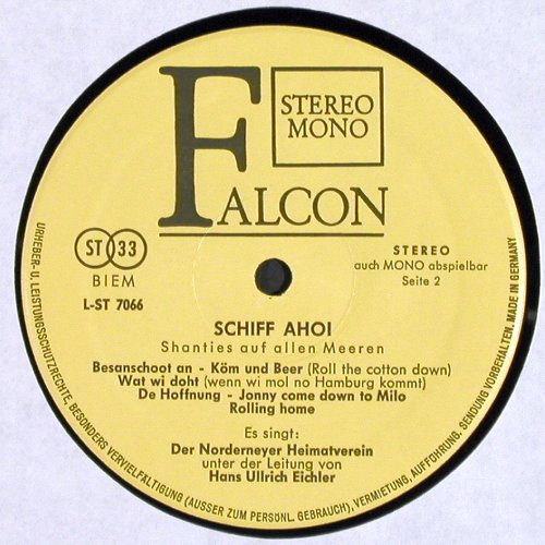 Norderneyer Heimatverein: Schiff Ahoi,Ltg.Hans Ulrich Eichler, Falcon (L-ST 7066), D Typ: LP Best.-Nr.: V2084 Preis: 7,50 Euro.
