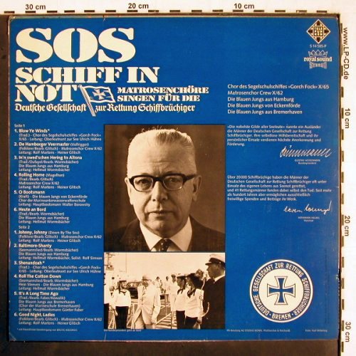 V.A.SOS Schiff in Not: Matrosenchöre singen für die DGzRS, Telefunken (S 14 585-P), D Typ: LP Best.-Nr.: V2634 Preis: 7,50 Euro