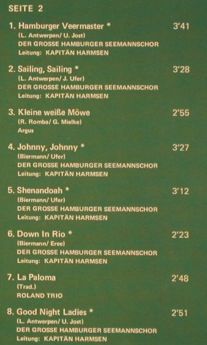 Kaptän Harmsen-Chor / Roland Trio: Die schönsten Seemannslieder, Heimatland/Bellaphon (230 17 007), D, 1985 Typ: LP Best.-Nr.: V2855 Preis: 6,00 Euro