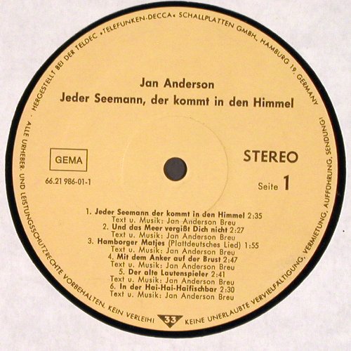 Anderson,Jan: Jeder Seemann, der kommt i.d.Himmel, Teldec, m /-- (66.21 986-01), D,NO Cover Typ: LP Best.-Nr.: V3593 Preis: 7,50 Euro