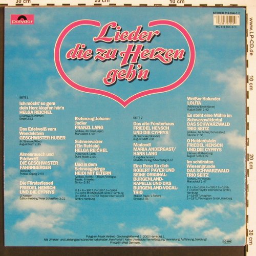 V.A.Lieder die zu Herzen gehen': Helga Reichel ... Trio Seitz, Polydor (819 554), D Typ: LP Best.-Nr.: V6096 Preis: 4,00 Euro