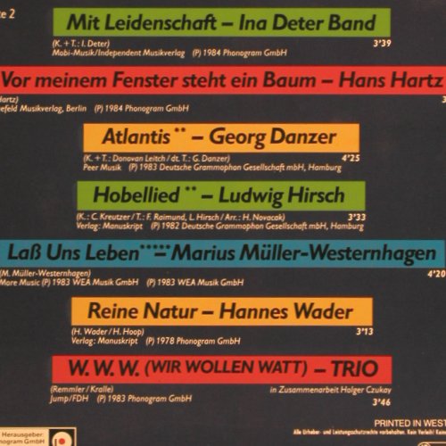 V.A.Greenpeace: BAP, Lindenberg, Novalis...Trio, Mercury (818 390-1), D, 14Tr. Typ: LP Best.-Nr.: V6491 Preis: 4,00 Euro.