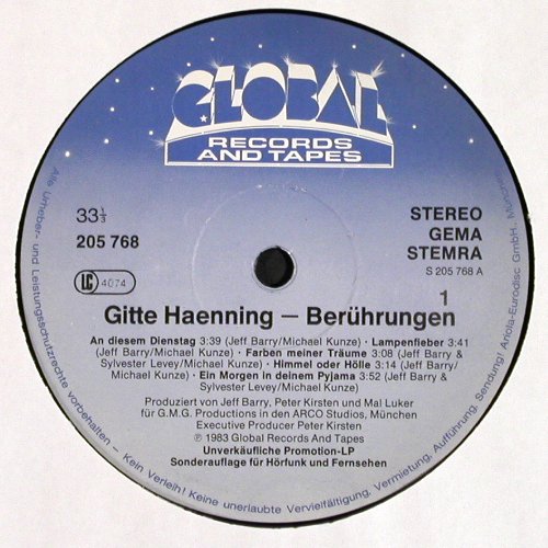 Gitte Haenning: Ber&uuml;hrungen, 10 Tr. Promo, Global (205 768-000), D, 1983 Typ: LP Best.-Nr.: V7351 Preis: 7,50 Euro.