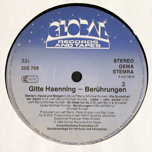Gitte Haenning: Ber&uuml;hrungen, 10 Tr. Promo, Global (205 768-000), D, 1983 Typ: LP Best.-Nr.: V7351 Preis: 7,50 Euro.