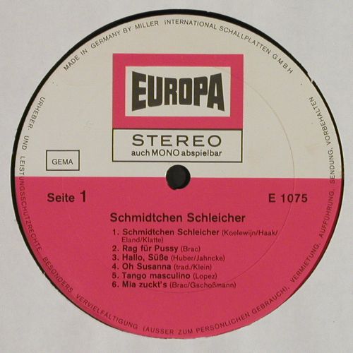 Schmidtchen Schleicher: mit den e-lasch-tischen Beinen, Europa (E 1075), D, 1975 Typ: LP Best.-Nr.: V7561 Preis: 5,00 Euro.