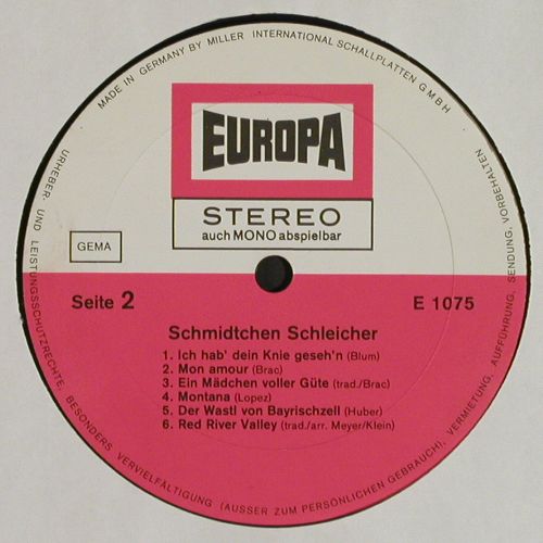 Schmidtchen Schleicher: mit den e-lasch-tischen Beinen, Europa (E 1075), D, 1975 Typ: LP Best.-Nr.: V7561 Preis: 5,00 Euro.