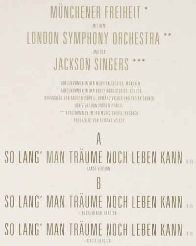 M&uuml;nchener Freiheit: So Lang Man Tr&auml;umen Noch Leben..*3, CBS (651247 6), NL, 1987 Typ: 12" Best.-Nr.: V7929 Preis: 5,00 Euro.