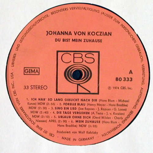 von Koczian,Johanna: Du bist mein Zuhause, CBS(80 333), D/NL, 1974 - LP - Y1360 - 4,00 Euro