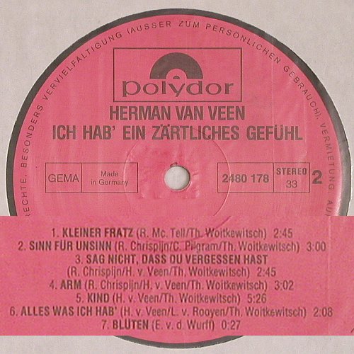 Van Veen,Herman: Ich Hab ein Zärtliches Gef&uuml;hl, Polydor(2480 178), D, Ri, 1973 - LP - Y371 - 6,00 Euro