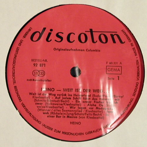 Heino: Weit ist der Weg..., Discoton (92 871), D Typ: LP Best.-Nr.: Y5425 Preis: 6,00 Euro.