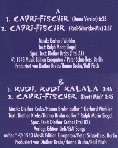 Krebs,Diether & Rudi Schuricke: Capri-Fischer*3+1, dance mix, Ariola(74321 32100 1), D, 1995 - 12inch - Y917 - 3,00 Euro