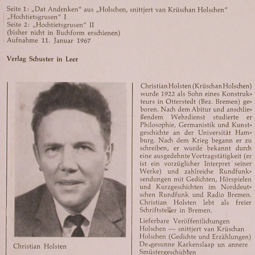Holsten,Christian: Dat Andenken, Hochtiedsgrusen, Schuster in Leer (S 15), D, vg+/m-, 1967 Typ: 10" Best.-Nr.: V2853 Preis: 5,00 Euro