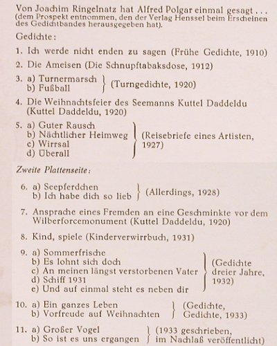 Lüders,Günther: spricht Joachim Ringelnatz (1955), Telefunken (PLB 6197), D, m-/m- Typ: 10" Best.-Nr.: V2871 Preis: 9,00 Euro