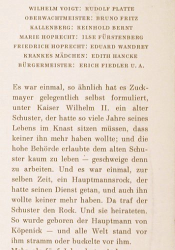 Zuckmayer,Carl: Der Hauptmann von Köpenick,R.Platte, D.Gr. (44 008), D, vg+/vg+, 1962 Typ: LP Best.-Nr.: V2944 Preis: 7,50 Euro