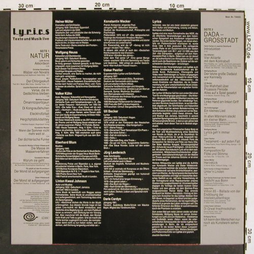 V.A.Lyrics - Texte und Musik Live: Wecker, Hildebrand, Neuss, LKJ, Rillenschlange (730005), D, 1984 Typ: LP Best.-Nr.: V5400 Preis: 9,00 Euro