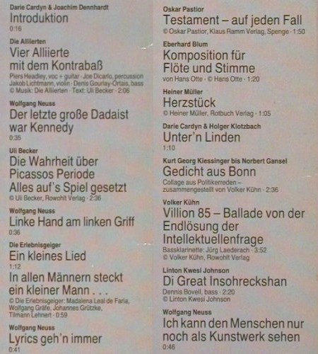 V.A.Lyrics - Texte und Musik Live: Wecker, Hildebrand, Neuss, LKJ, Rillenschlange (730005), D, 1984 Typ: LP Best.-Nr.: V5400 Preis: 9,00 Euro