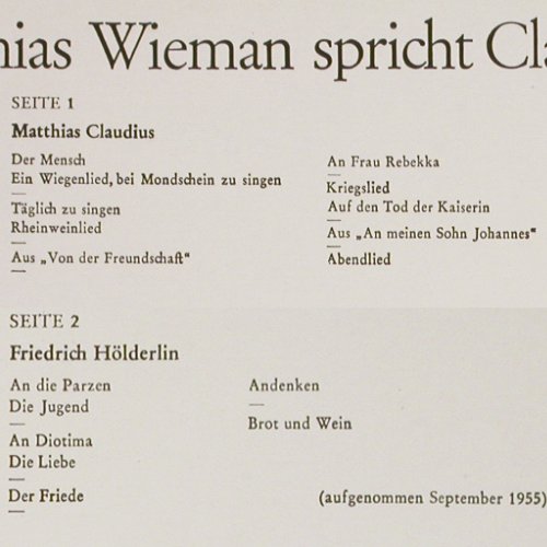 Wieman,Mathias: spricht Claudius & H&ouml;lderlin (1955), Telefunken(6.41001 AS), D,  - LP - V7278 - 9,00 Euro
